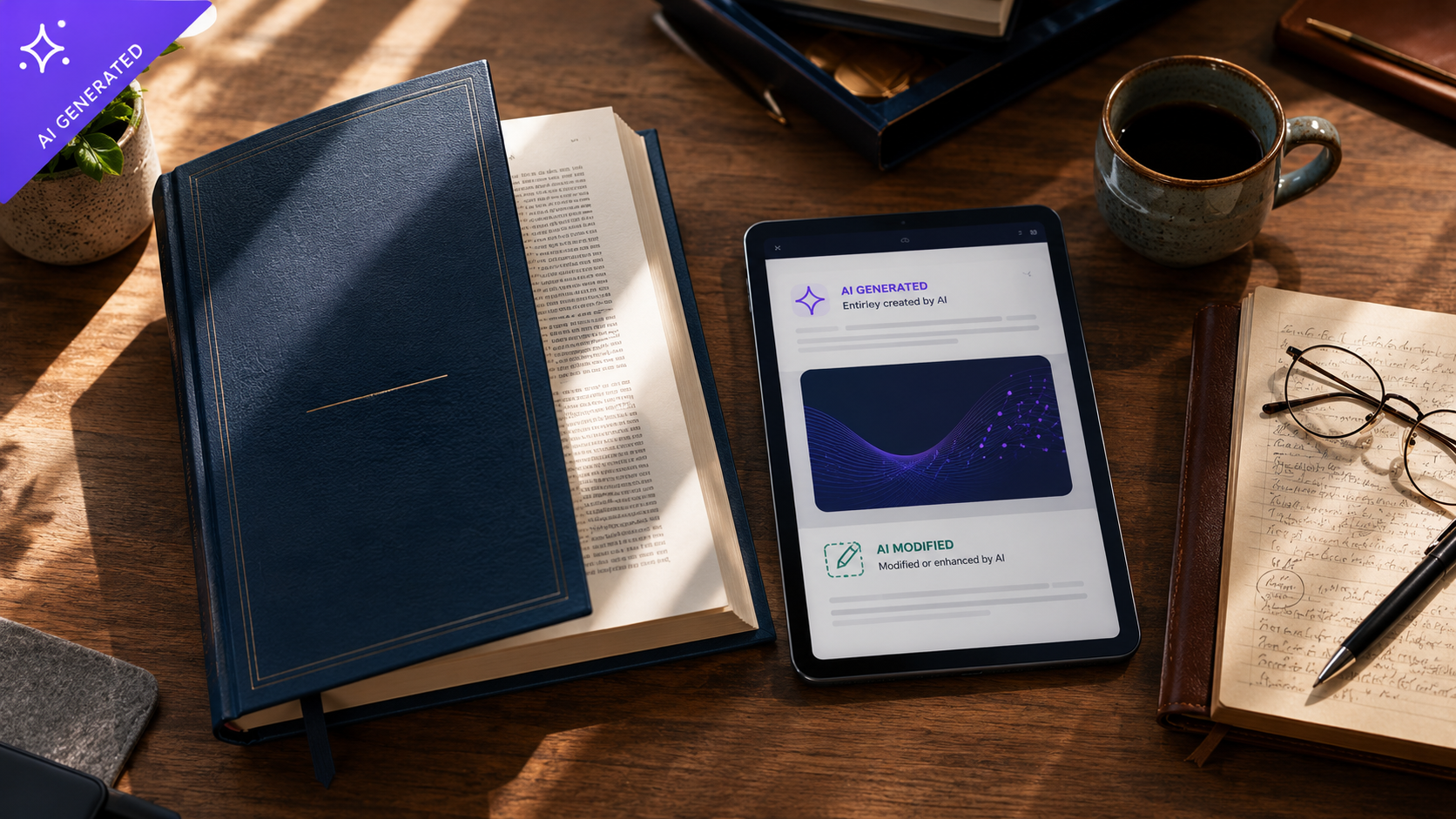 Sonnenbeschienener Holzschreibtisch von oben: ein aufgeschlagenes dunkles Ledernotizbuch mit violettem KI-Funkeln-Emblem, ein Tablet, das Beispiel-Badges für „AI Generated" und „AI Modified" zeigt, eine Tasse Kaffee, eine Lesebrille, ein handbeschriebenes Heft und eine Topfpflanze.