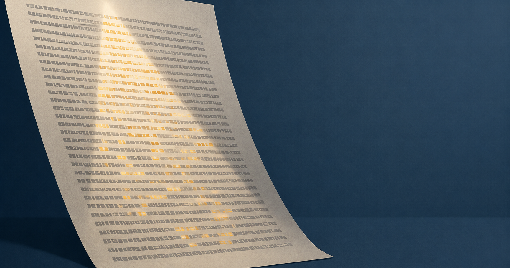 Ein Blatt Papier mit dicht gedruckten grauen Textzeichen, aus denen einzelne Zeichen golden hervorleuchten wie ein verstecktes Muster. Vor tiefblauem Hintergrund, seitliches warmes Licht.